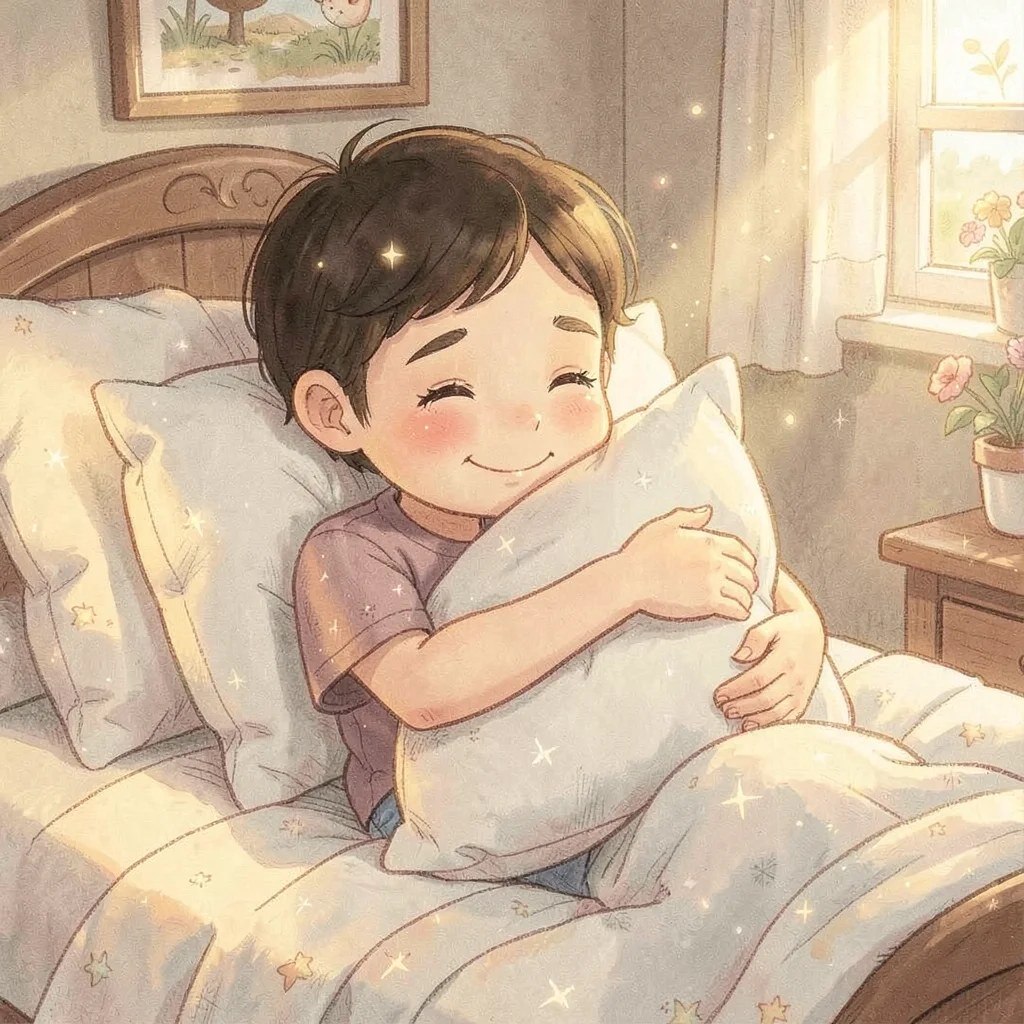 Child hugging pillow dreamily