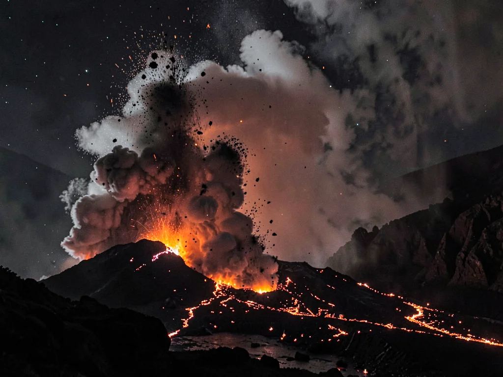 Eruption at night lava illuminating ash