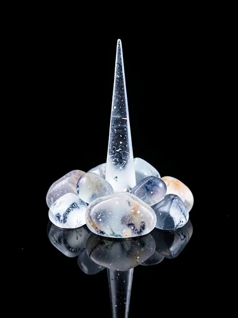 Pebble-ice rounds with a single tall ice spike piercing through the cluster on c