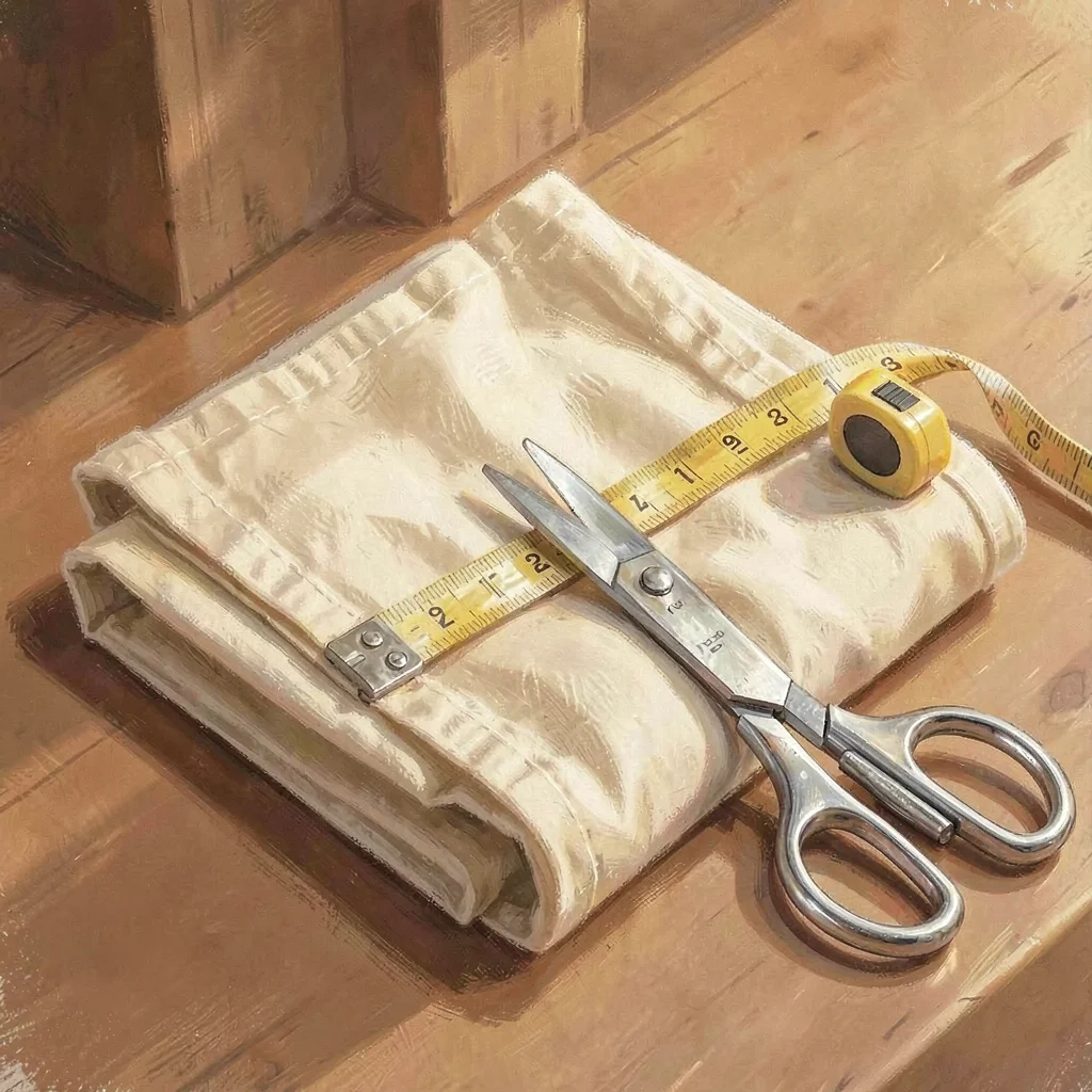Warm still life of a folded length of linen with a small pair of fabric scissors