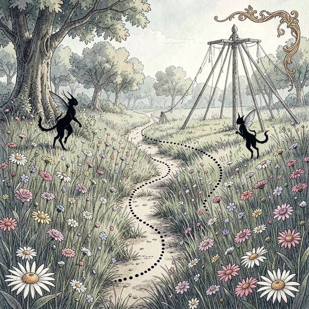 A fae-realm spring-equinox flower-meadow path with dotted route through wildflow