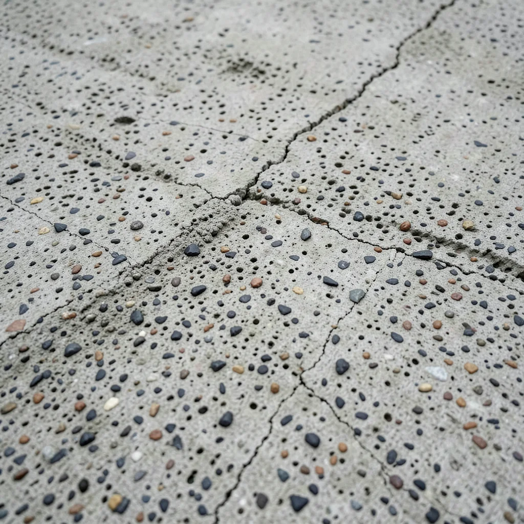 Bush-hammered concrete surface, pockmarked from pneumatic chisel, creating rough