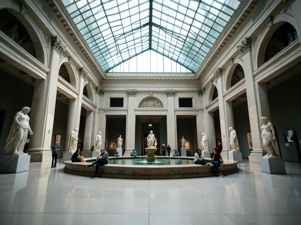 The courtyard of a museum: glass roof above, ancient sculptures below, visitors 