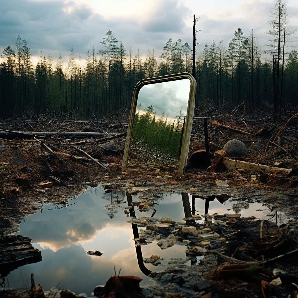Photo A mirror in a landfill reflects a pristine fore