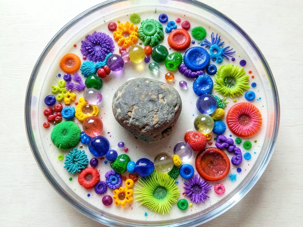 Colony growing around obstacle, bacteria flowing around glass bead like river ar