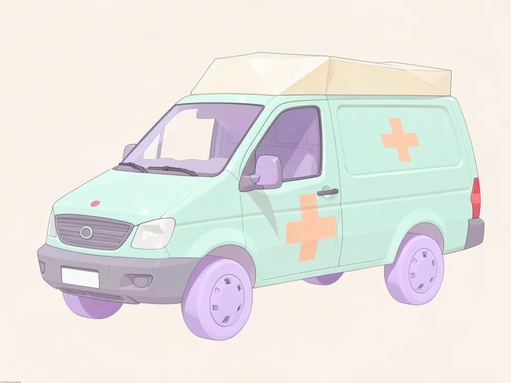 Quick mint lowpoly ambulance with a peach cross emblem and lavender wheels, face