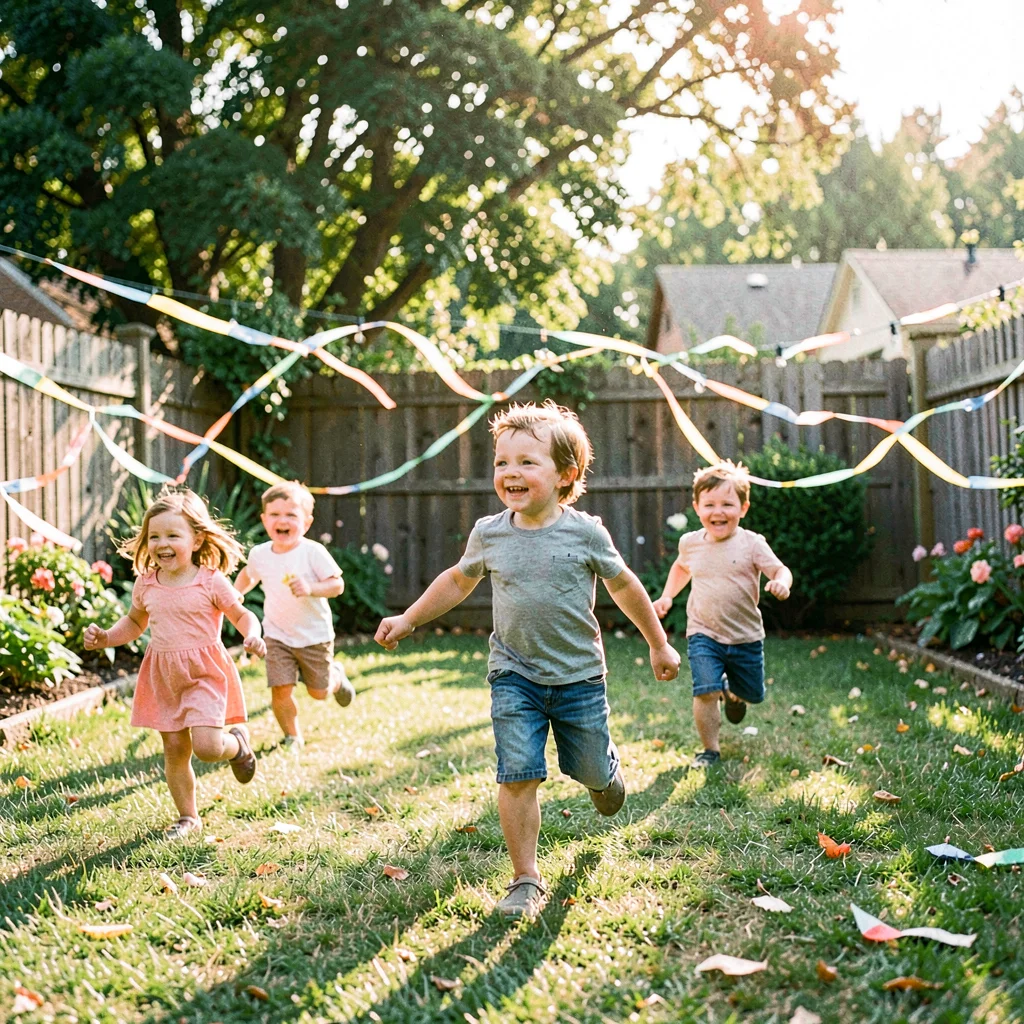 Lifestyle wide of children running through a backyard with paper streamers trail