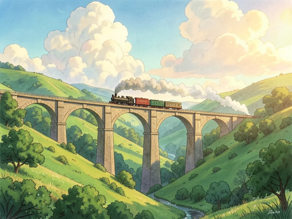 Train crossing a tall stone viaduct through a lush green valley, steam trailing 