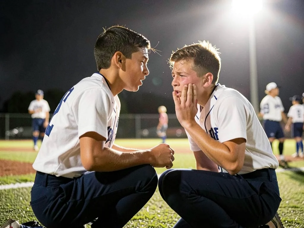 Little league coach kneeling to talk to crying kid, backlit by field lights, rim