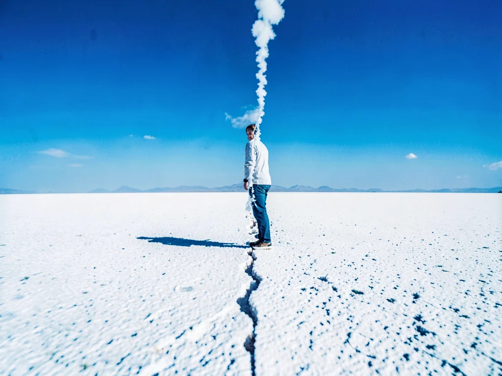 Single figure on salt flat, horizon line cutting frame in half, nothing but whit