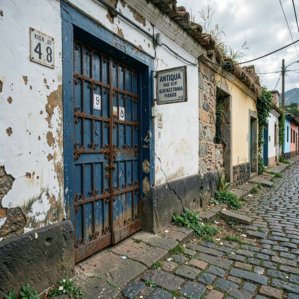 Volcano-framed colonial streets of Antigua Guatemala, A wooden door painted deep