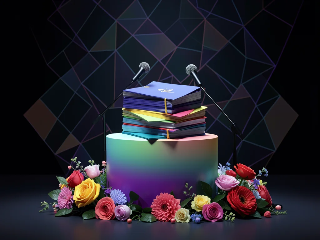 Stack of diplomas on podium, ceremony stage, microphone, flowers
