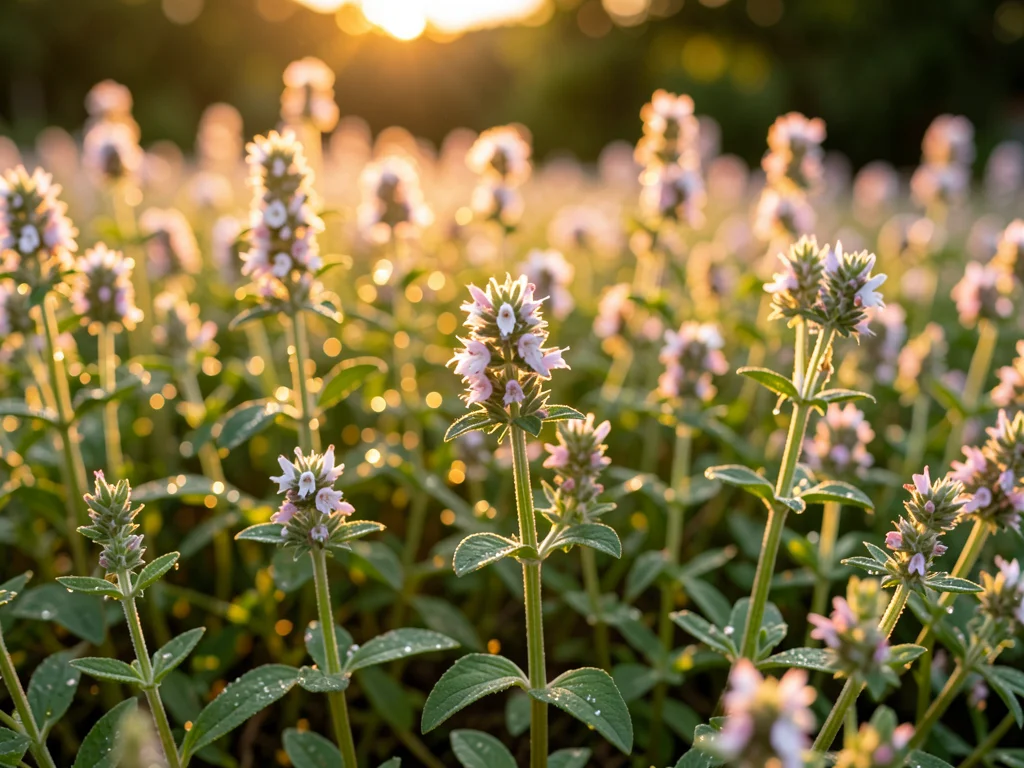 Oregano in wild bloom, the tiny white and pink flowers clustered at stem tips, b