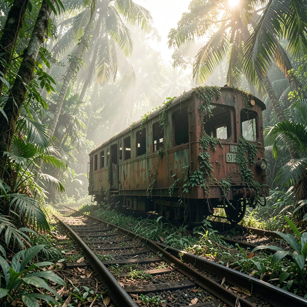Tropical light on Sri Lankan colonial decay, Abandoned railcar being consumed by