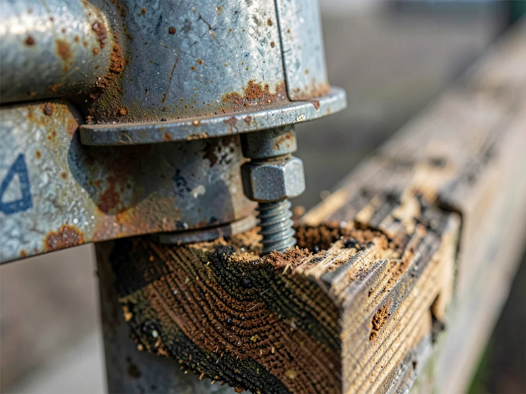 Utility pole hardware, lag bolt entering treated wood with creosote visible