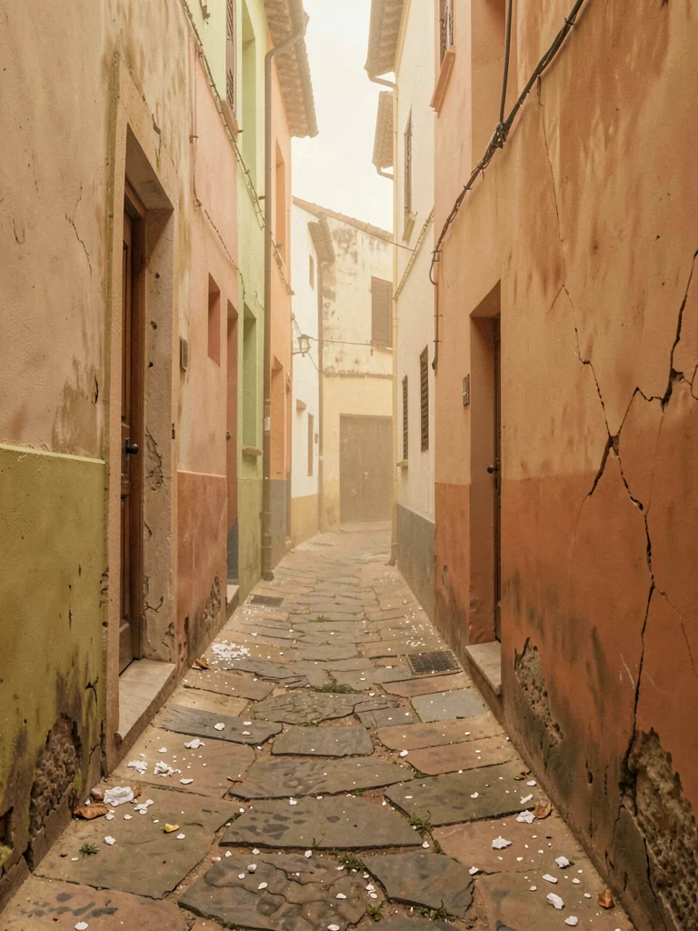 Dusty afternoon alley, cracked plaster shedding small flakes onto stones, the wh