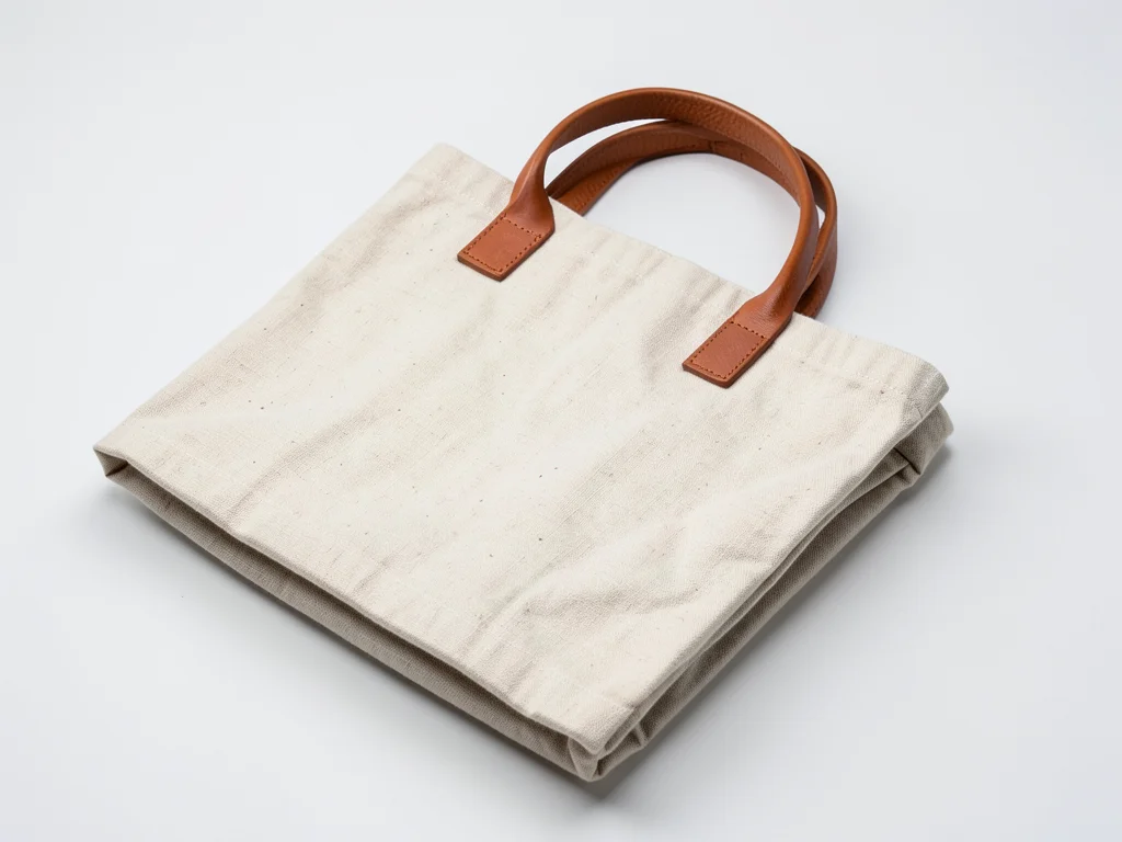 A linen tote bag, natural color with leather handles, folded flat to show constr