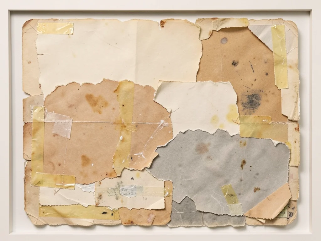 Layered torn papers with visible tape and glue marks, adhesive yellowed with age