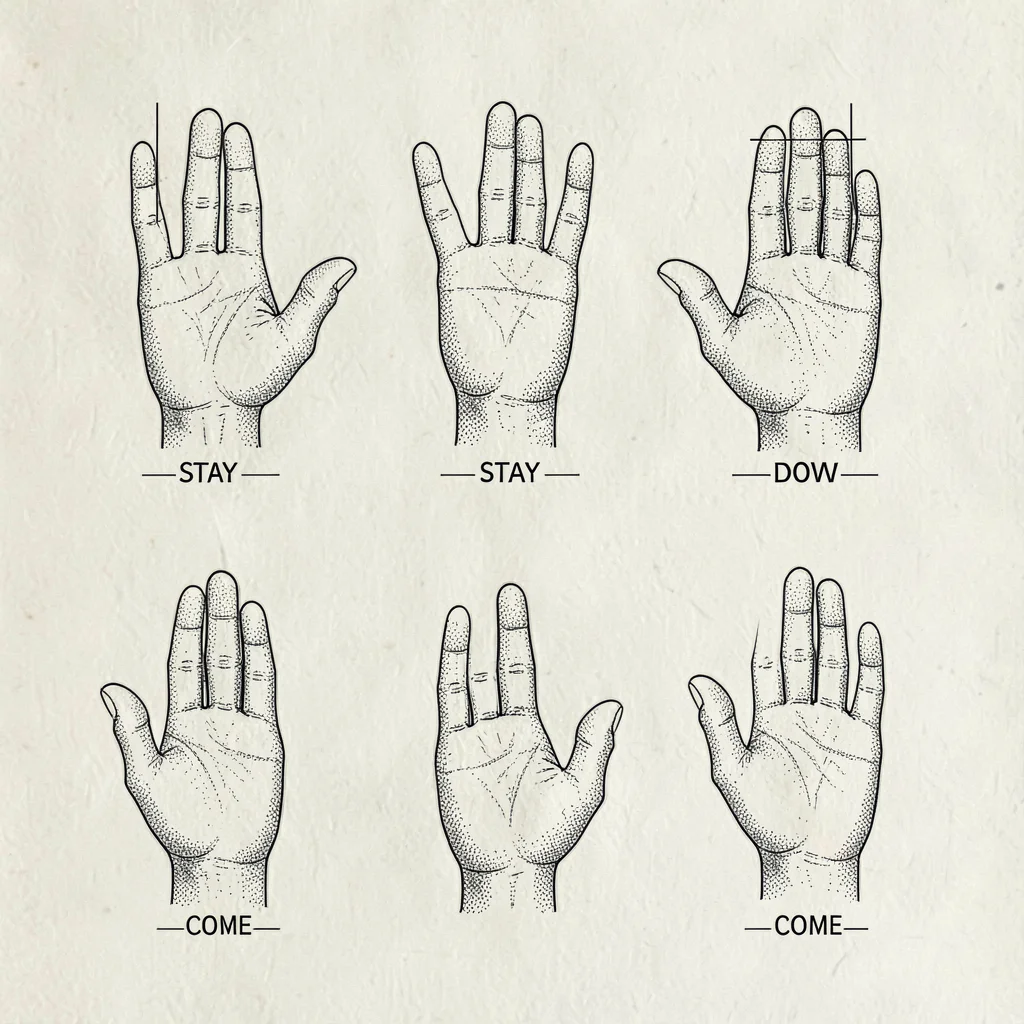 Pen-ink technical-style drawing of training hand signals (sit, stay, down, come)