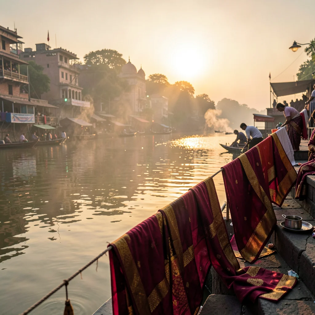 Sacred smoke catching golden Ganges light in Varanasi, Silk sarees drying on gha