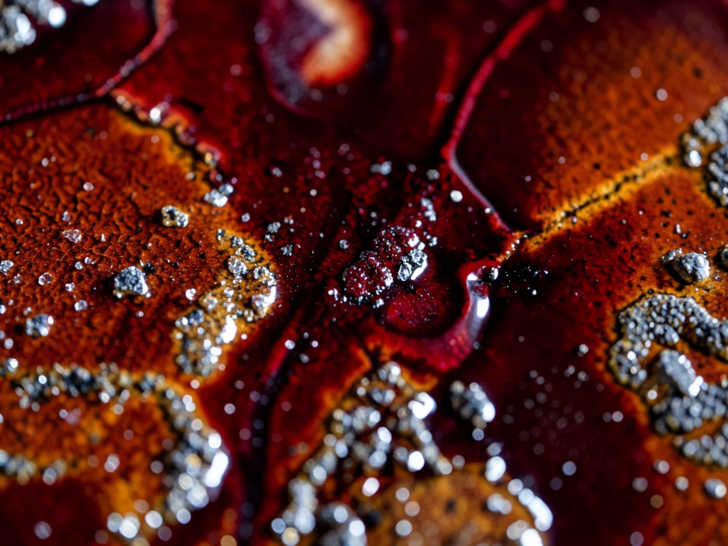 Flambe glaze in ox-blood red, copper reduction creating deep crimson pools and s