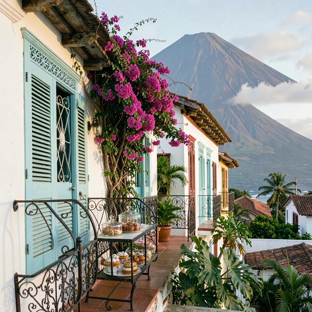 French Caribbean fusion in Guadeloupe, Creole balcony with bougainvillea cascade