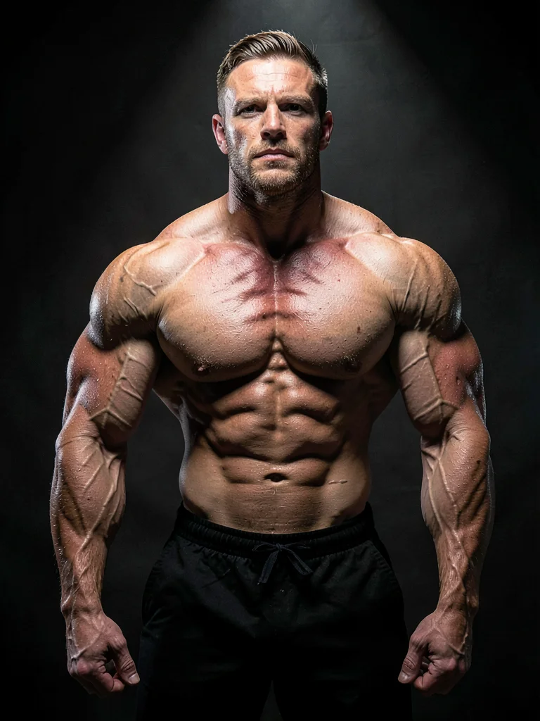 Bodybuilder under cross-lighting setup, every muscle group defined