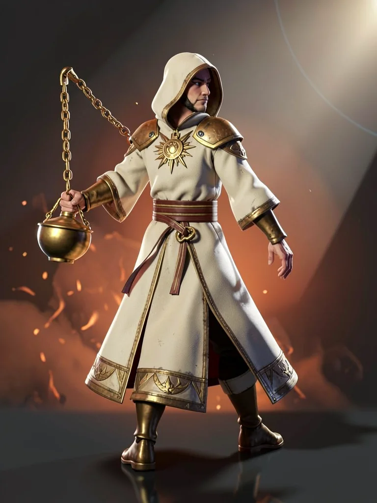 Veiled sun-cleric in cream-and-bronze robes with gilded sun-medallion, censer-on