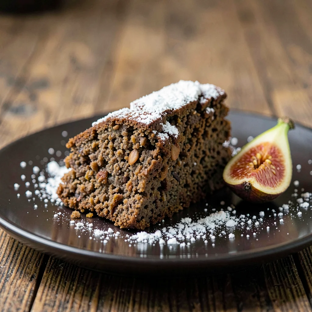 Single hand-cut wedge of dark almond-flour torte on a dark plate with a dusting 