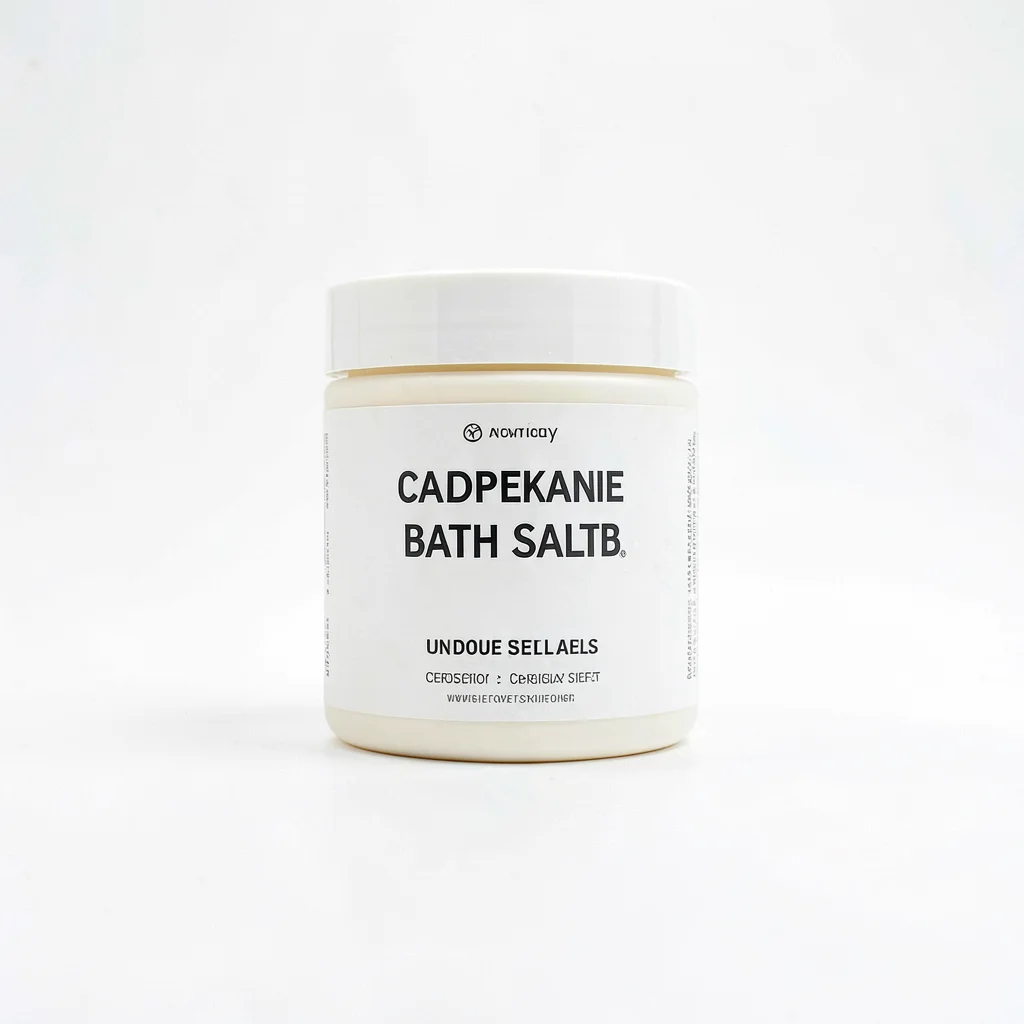 Clean studio still of an unbranded bath salts jar on smooth bone-white sweep, so