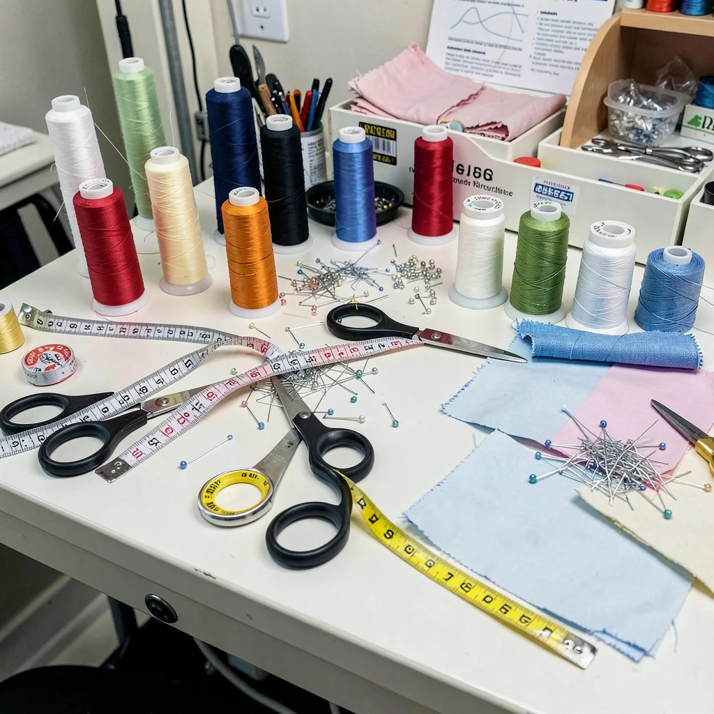 Seamstress workstation covered in thread spools, measuring tape, scissors, fabri