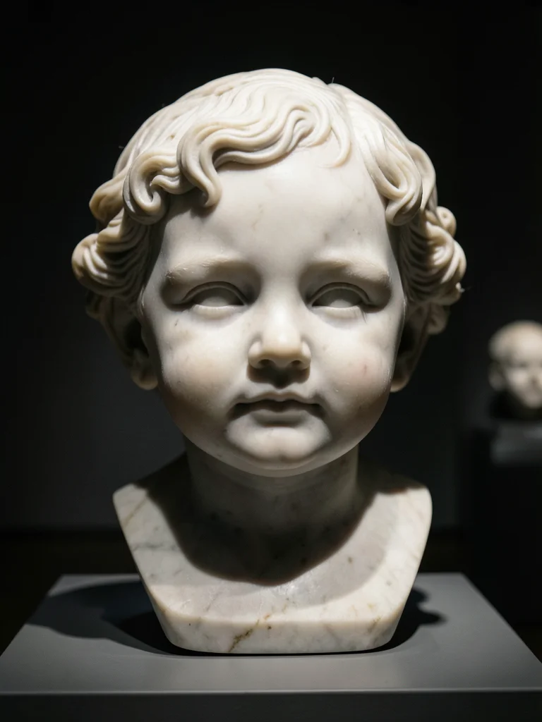 A child's portrait bust in marble, curly hair carved as individual ringlets, bab