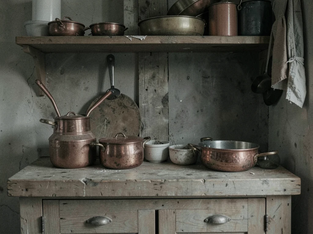 Kitchen with copper pots and wood