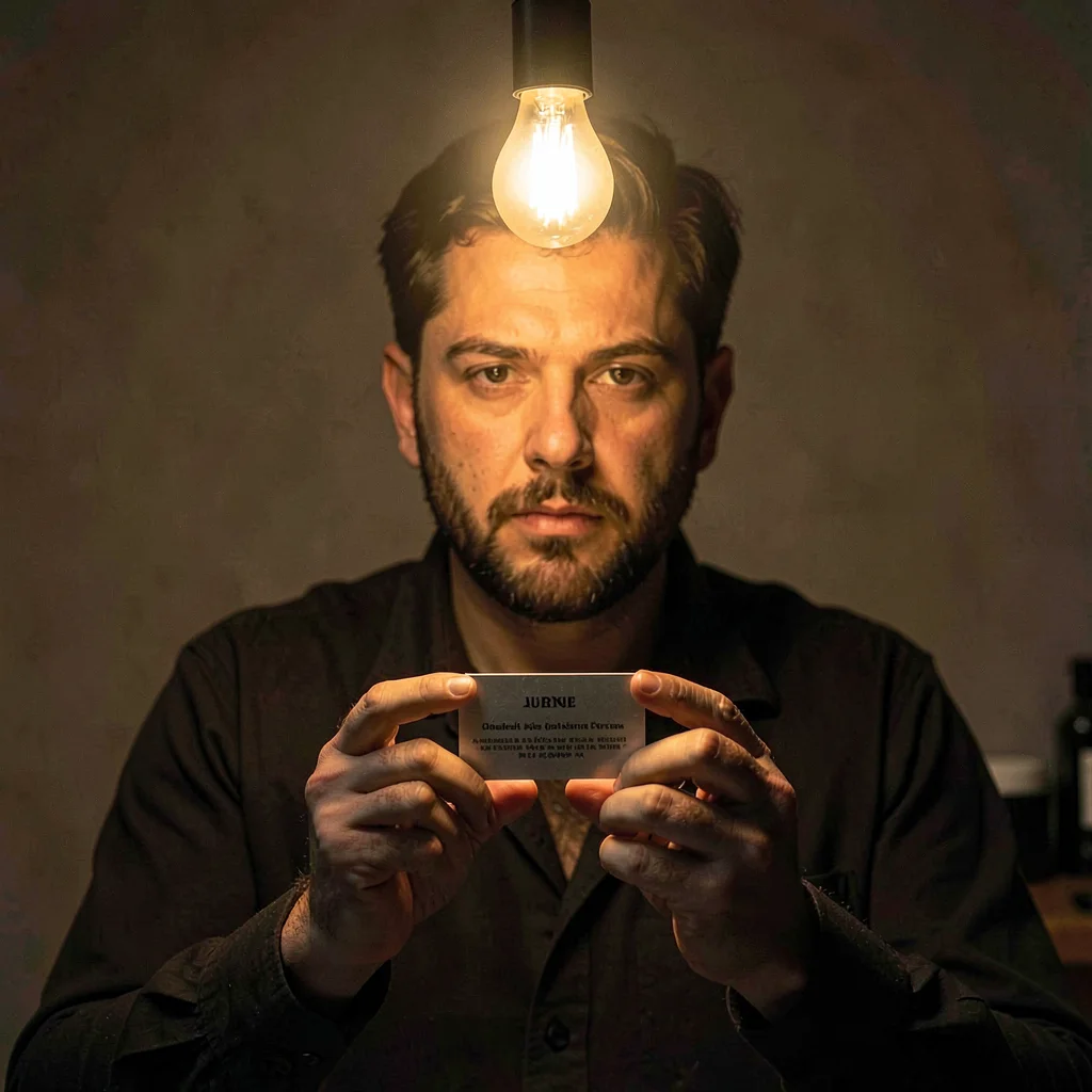 Lamplit portrait of a type designer holding a small specimen card, single warm b