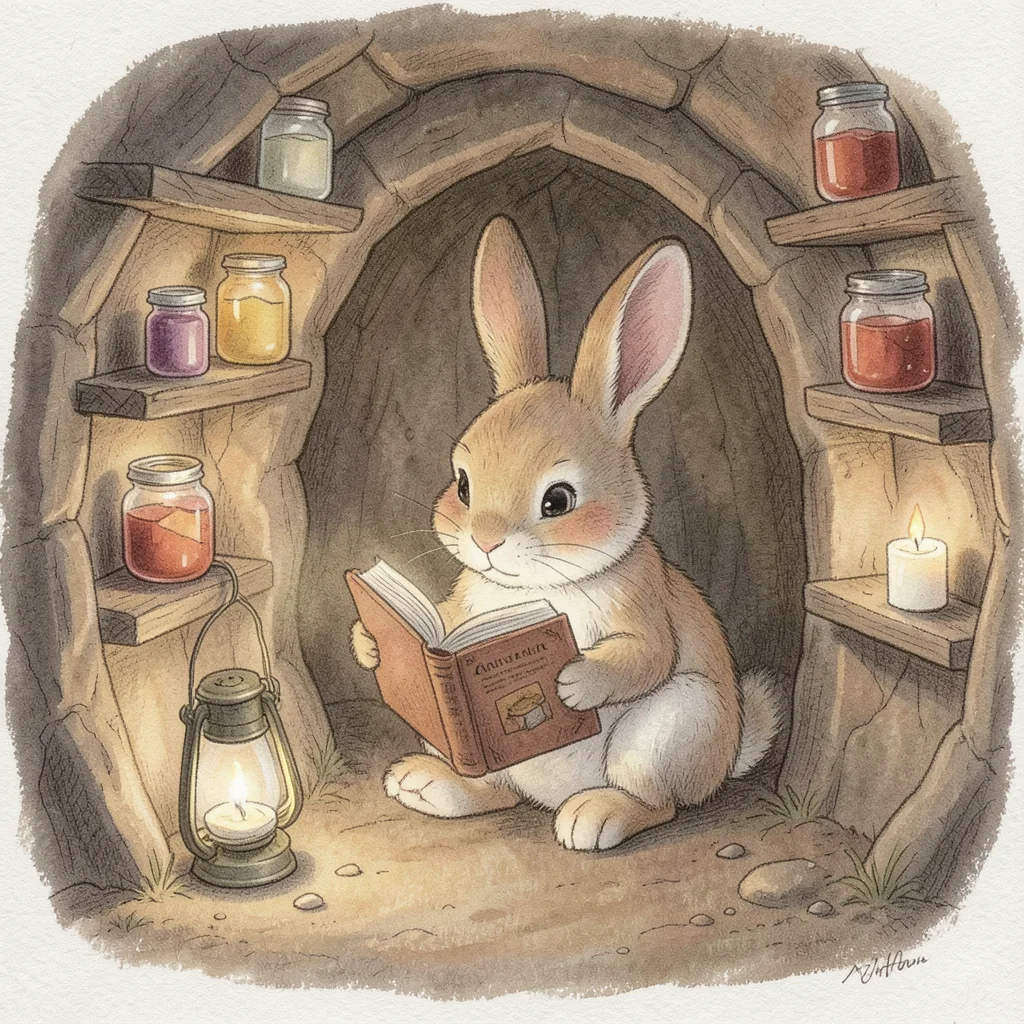 A rabbit reading a book by lantern light in a burrow, the walls lined with tiny 