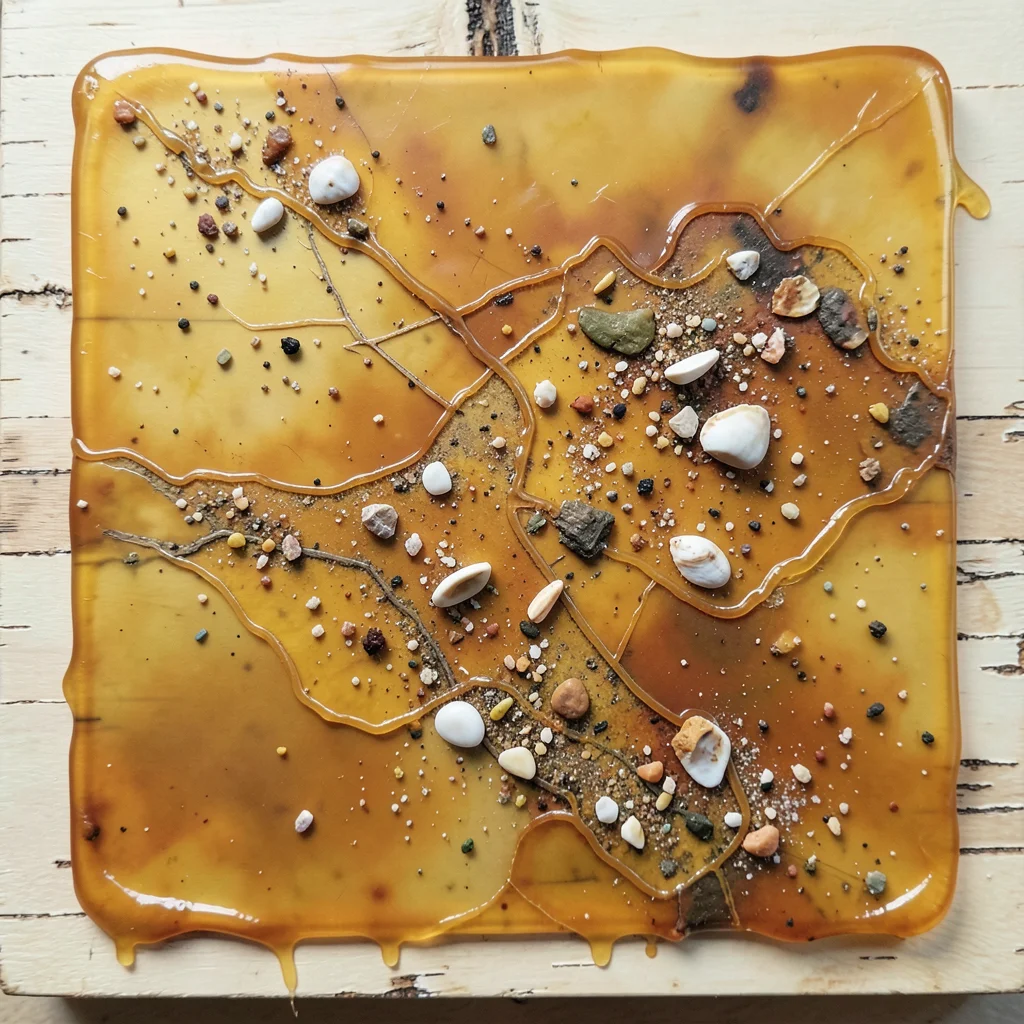 Beeswax medium with embedded sand and shell fragments, summer texture