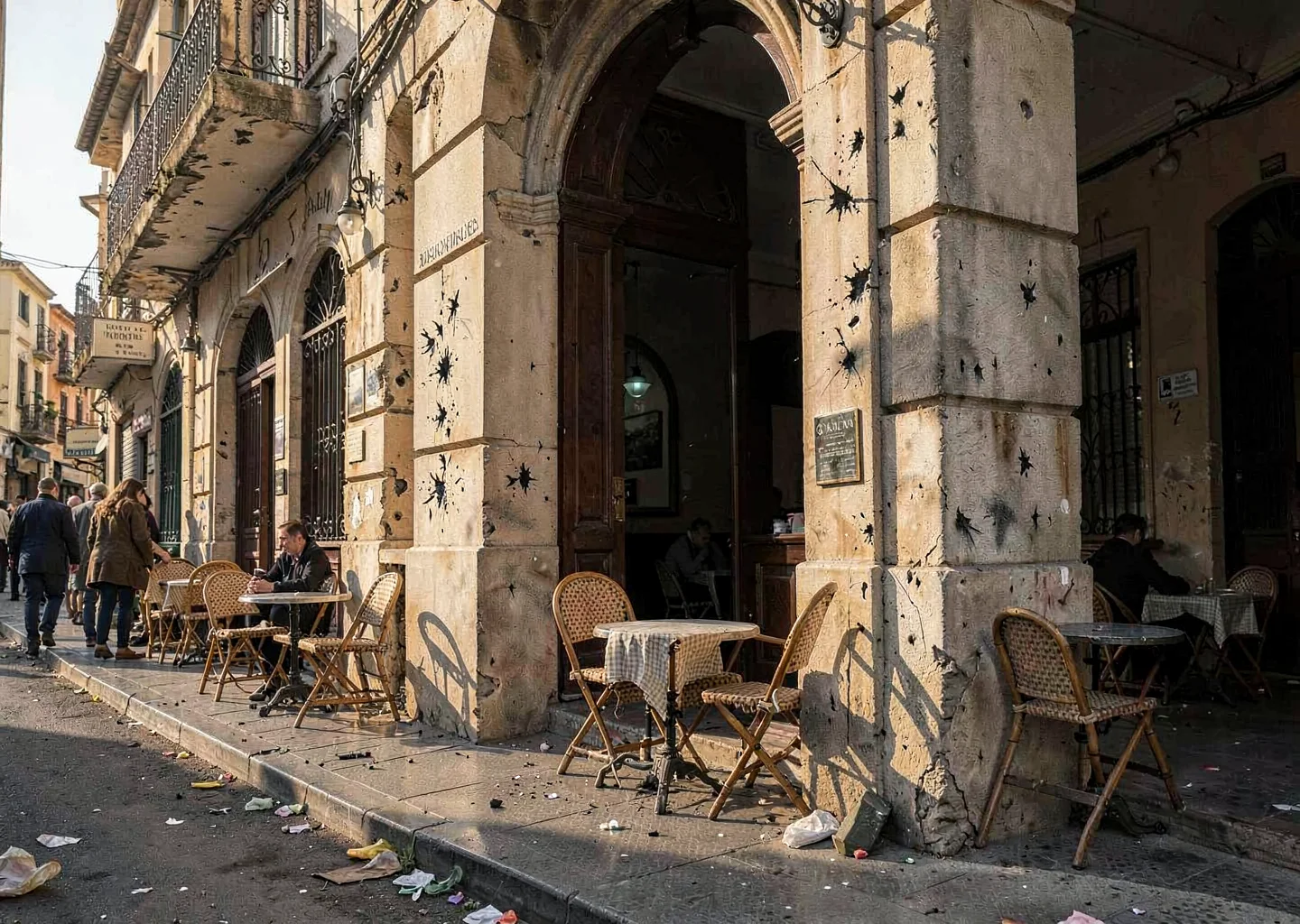 Mediterranean hard light on Beirut's wounded elegance, cafe chairs on sidewalk, 