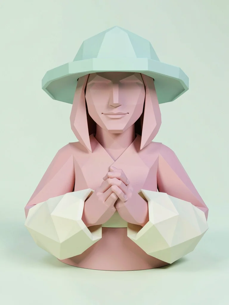 Hands-clasped dusty-pink lowpoly mage apprentice in a calm pose with chunky crea