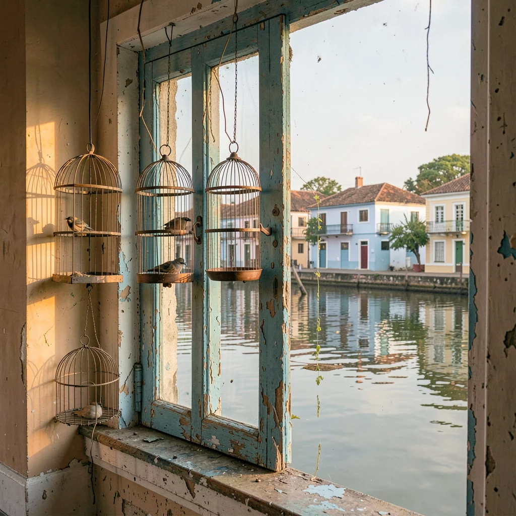 Soft morning light on faded colonial pastels, Saint-Louis Senegal, Bird cages hu