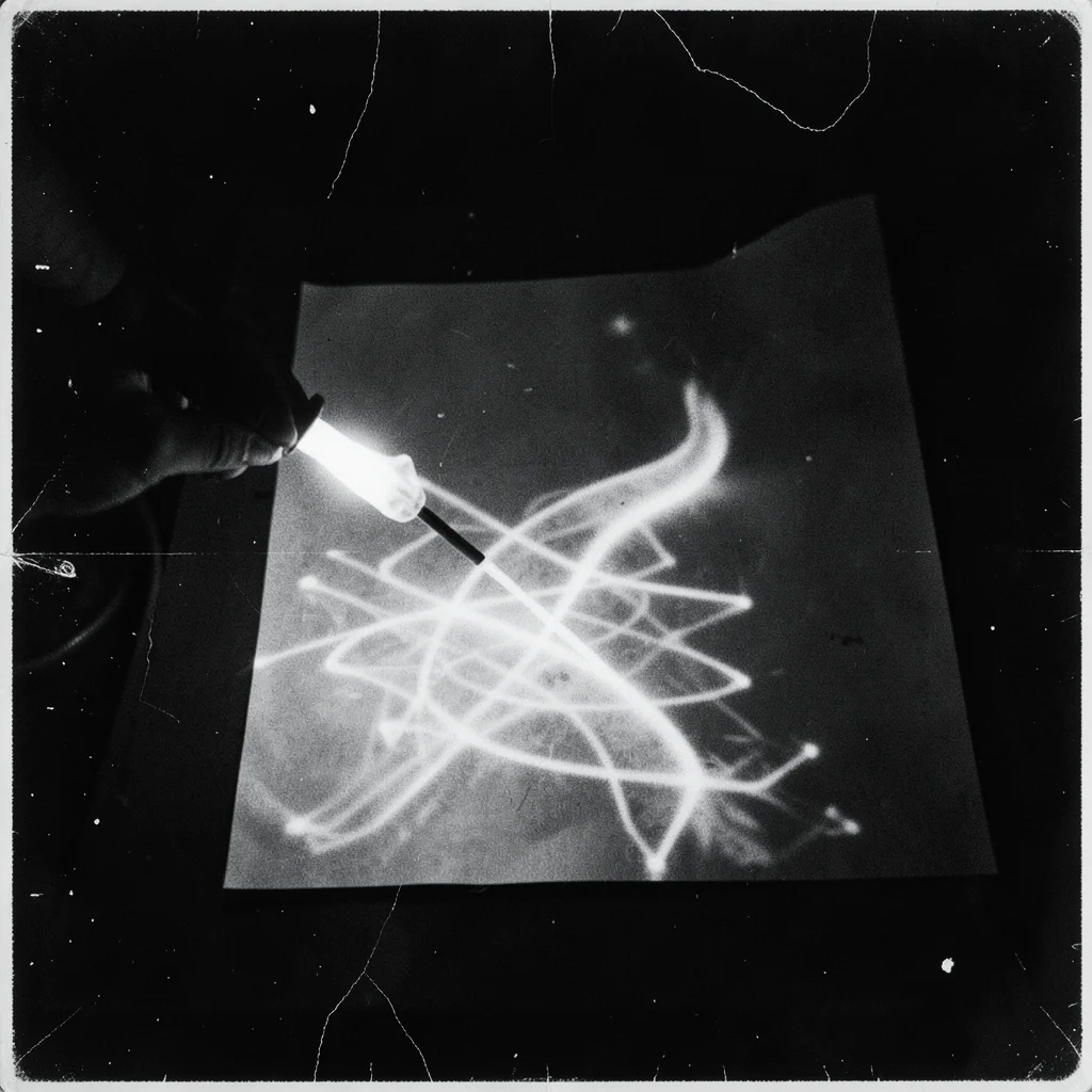 A luminogram: abstract light patterns made by moving a torch over paper in the d