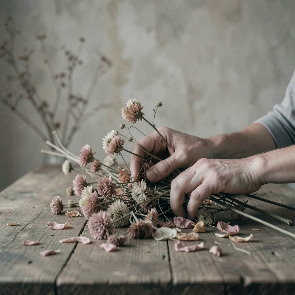 Hands arranging dried flowers on a wooden table, the petals the same color as th