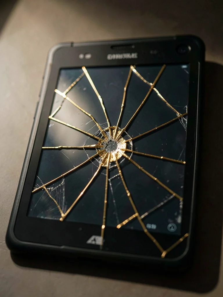 Cracked e-reader screen with gold lines following the impact geometry