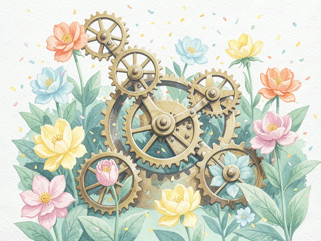 Gouache illustration of a clockwork garden where flowers open and close on rotat