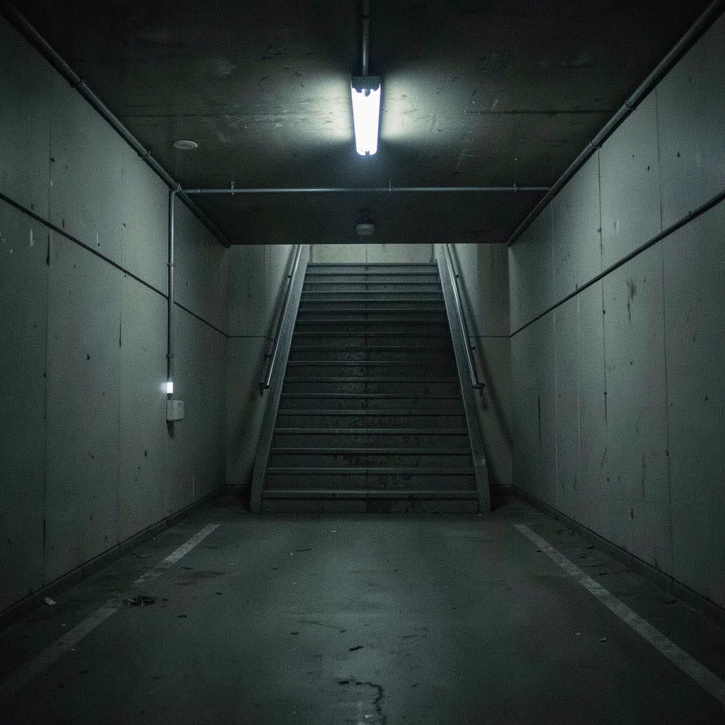 Empty parking structure stairwell at 3am with emergency lighting