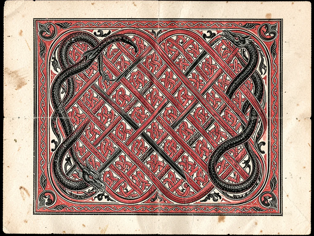 Interlace panel in red and black — diagonal lattice with over-under weavings