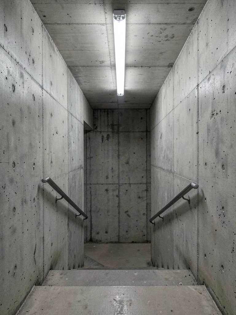 A council housing estate stairwell — board-formed concrete walls, fluorescent li