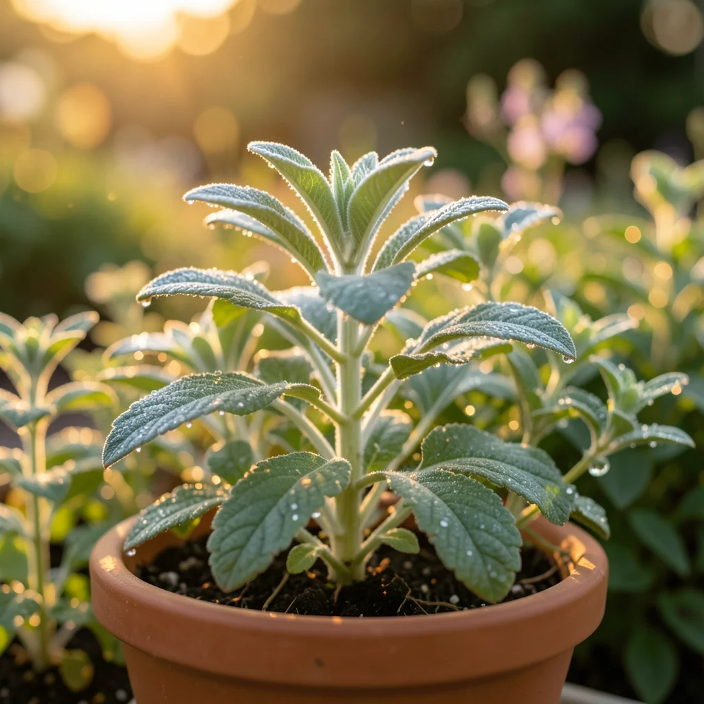 A curry plant with its silvery, fine-textured leaves covered in morning dew, Med