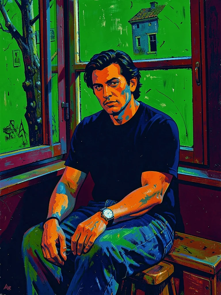 Figure seated against a window, face in flat wrong color, the outside world in h