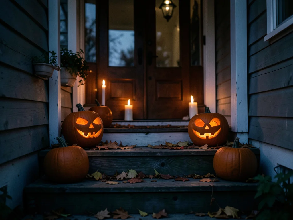 Porch with carved pumpkins, flickering candles inside, fallen leaves on wooden s