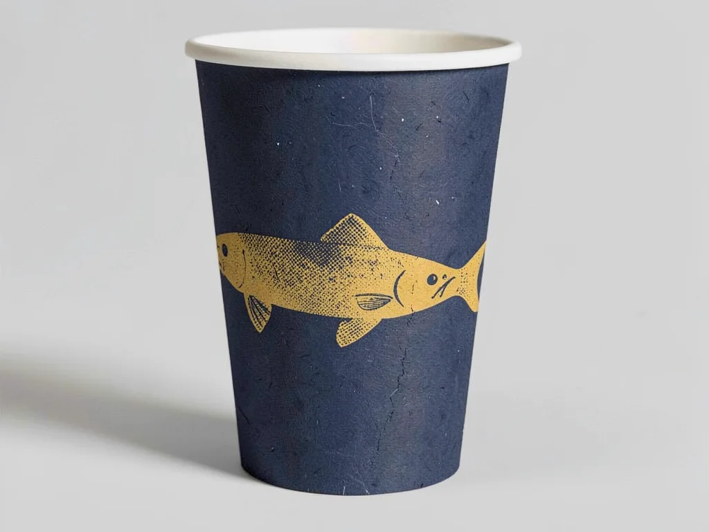 Bold screenprint design for a takeaway cup wrap, halftone fish silhouette in mus